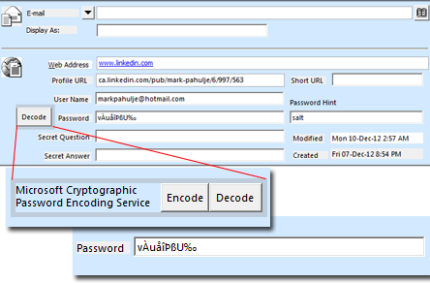 Outlook Contact for Internet Addresses featuring Password Encryption